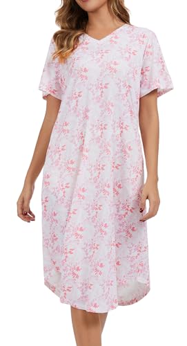 Image of Kabento Nightgowns for Women Cotton Short Sleeve Long Night Gowns with Pockets