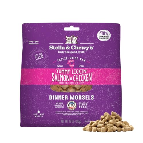 Stella & Chewy's Freeze-Dried Raw Cat Dinner Morsels - Premium Salmon & Chicken Recipe with 98% Wild-Caught & Cage-Free Protein - Natural Grain-Free Cat & Kitten Food - Made in USA - 18 oz