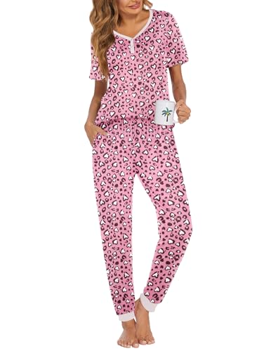 Image of Ekouaer Pajamas for Women Set 2 Piece Fall Lounge Sets Short Sleeve Pjs Joggers Long Pants Sleepwear with Pockets