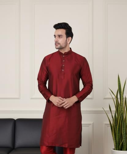 Image of Sadree Men's Silk Blend, Knee Length, Full Sleeve, Mandrin Collor, Solid Style, Attractive Colour, Solid Plain Kurtas