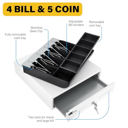 HK SYSTEMS 13inch White Heavy Duty POS Interface Cash Drawer with 4Bill/5Coin