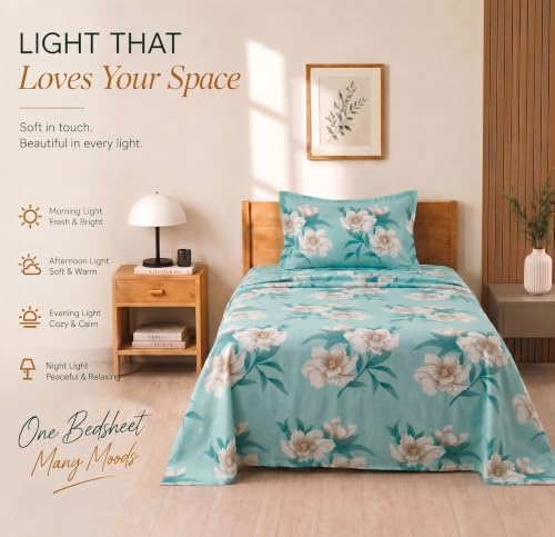 Image of BSB HOME 210 TC Cotton Feel Single Bedsheet with 1 Pillow Cover, Soft & Breathable Floral Printed Bed Sheet, Fade Resistant, Bedding for Home & Bedroom, 60 x 90 Inches (152 x 229 cm) (Seafoam Green)