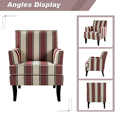 HULALA HOME Modern Accent Chair with Arms and Wooden Legs Striped Accent Chair Armchair High Back Rest Padded Armrest and Comfortable Cushioned Seat for Living Room Stripe Red
