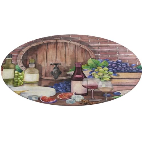 Anceky Felpudo Redondo de 23.6 Pulgadas, Antideslizante, para Entrada, para Exterior o Interior, con Estampado de Botellas de Vino Tinto, Copas, Queso, Uvas, Corcho sobre Madera con Ladrillos.