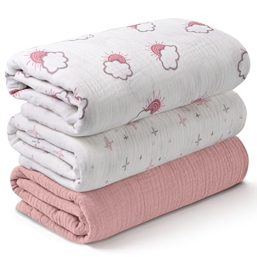 Image of Muslin Swaddle Blankets for Newborn, 3 Pack Breathable Soft Receiving Blanket, Large 38 x 40 inches Swaddle Wrap Burping Clothes Diapers, Essentials Infant Shower Items, Toddler Gift (Clouds & Stars)
