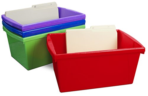 Image of Storex Classroom Storage Bin, 5.5 Gallon (21 Liter) Color Plastic Storage Containers, Assorted Colors, 16.75 x 8.25 x 11.9 Inches, 12-Pack (61475U03C)
