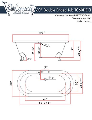 60" Cast Iron Double Ended Tub With 7" Faucet Hole Drillings & Oil Rubbed Bronze Feet- "Franklin" #TOP1