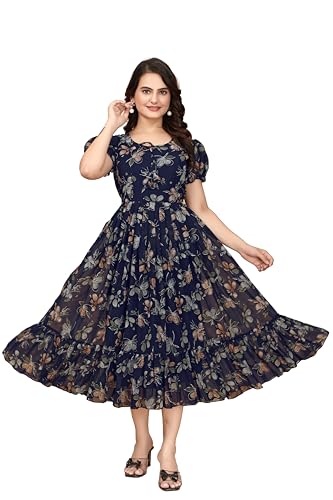 Image of Women's Georgette Dresses Floral Printed One Piece Stylish Long Maxi Western Frock Midi Dress for Women (Puffed Sleeves) for Gals