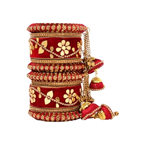 Image of I Jewels Gold Plated Traditional Velvet Matching Embellishments Work & Latkan Detailing Bangles Chuda Bangle Set for Bridal /Women