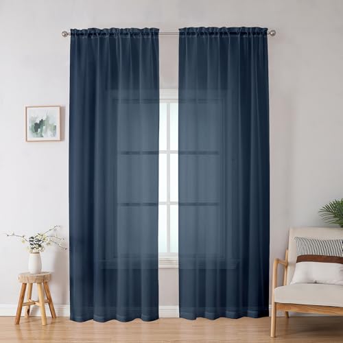 Image of OWENIE Blue Sheer Curtains, Sheer Curtains 78 inches Long 2 Panels Set, Rod Pocket Voile Fimly Sheer Drapes for Living Room /Bedroom, 2pcs, Each 42 inch W x 78 inch L, Navy Blue