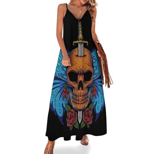 Robe longue papillon crâne au motif audacieux et coupe maxi fluide