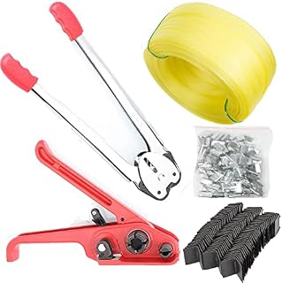 Pallet Packing Strapping Tool, Banding Tool Tensioner Sealer with Hand Grade Polypropylene Strapping, 100PCS Cardboard Edge Protectors,100PCS Semi Open Seals Strapping Kit for Packing