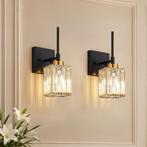 Image of [Hardwired] Bathroom Wall Sconces Set of Two Bathroom Light Fixtures | Hardwired, Premium Crystal, Black and Gold Superior Durable Metal, Wall Lights for Living Room Bathroom Hallway Bedroom