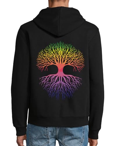 Sweat à capuche noir arbre de vie veste zippée coton art imprimé
