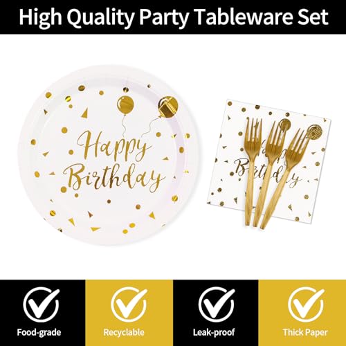 96PCS Happy Birthday Plates and Napkins Party Supplies, Black and Gold Disposable Paper Plates and Napkins with Forks Tableware Set for Birthday Party Decorations 24 Guests - Image 5