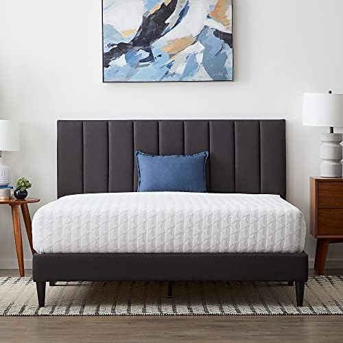 Lucid Twin XL Bed Frame with Headboard – Vertical Channeled Upholstered Platform Frame – Twin XL Size Bed Frame with Headboard – No Box Spring Needed - Charcoa