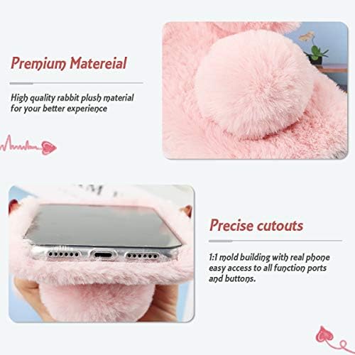 Fluffy Bunny Ear Phone Case for iPhone XR, Warm Smooth Rabbit Fur Cover with Sparkly Diamond, TPU Soft Phone Shell Protective Case, Anti-Shock Protective Case for Winter (iPhone XR Pink)