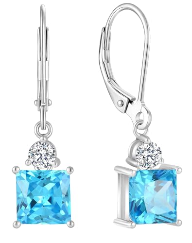 YL Blue Aquamarine Princess Cut Dangle Earrings for Women, Square