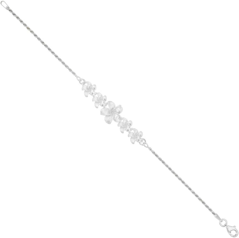 Sterling Silver Hawaiian Plumeria Bracelet, 1/2 inch Wide, 7 inches Long