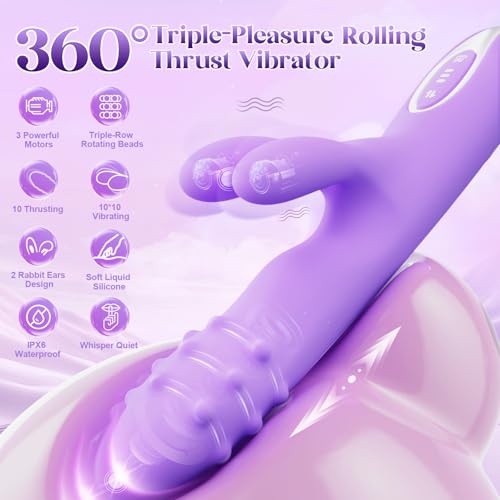 Image of Vibrator Sex Toys Thrusting Dildo - Rolling G Spot Stimulator with Tri-Row 360Rotating Beads + 10 Thrust + 10 Vibration for Dual Rabbit Ears, Ultra-Soft Liquid Silicone Adult Toy for Women Men Couple