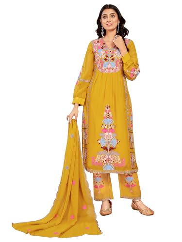 Image of Fabzoo Women's Georgette Embroidery Work & Original Mirror Anarkali Kurta Palazzo & Dupatta Set | Kurta & Palazzo Full Stitch And Full Inner | Palazzo Full Elastic (YELLOW -XL)