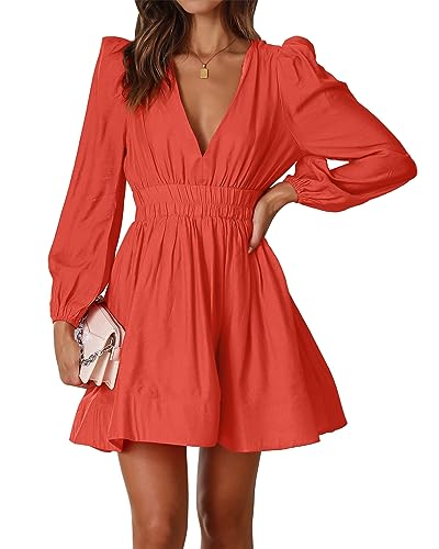 FAIABLE Mini Deep V Sexy Long Sleeve Dress for Women A-line High Waisted Casual Flowy Dress for Cocktail Wedding Guest