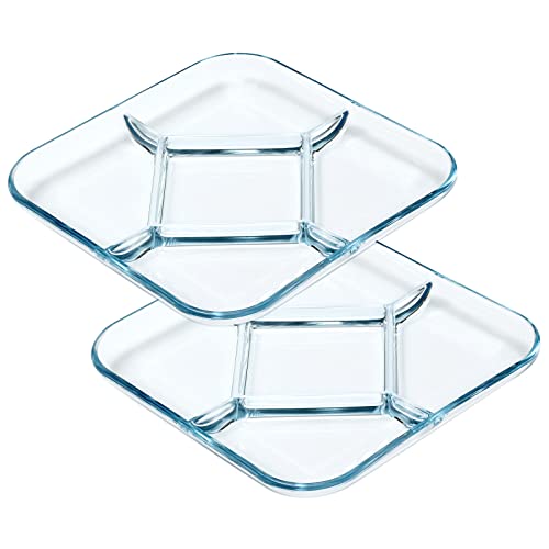 Nutriups Glass Divided Plate Glass Dinner Plate With Compartments Square Glass Portion Plate Glass Compartment Plate Glass Sectional Plate, 10 In (9Inch Square-5 Sectional （Set Of 2）) #TOP5