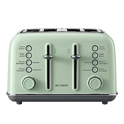 BUYDEEM DT640E Tostadora de Pan 4 Rebanadas de Ranuras Anchas, Tostador Vintage de Acero Inoxidable de 7 Niveles, Función de Calentamiento y Descongelación, Recolector de Basura Extraíble (Green)