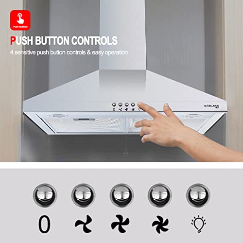 30" Range Hood, Gasland Chef Pr30Sp Wall Mount Range Hood With Led Light, 450 Cfm Ducted Vent Hood, 3 Speed Exhaust Hood Fan, Button Control, Chimney Style, Aluminum Filter, Stainless Steel #TOP3