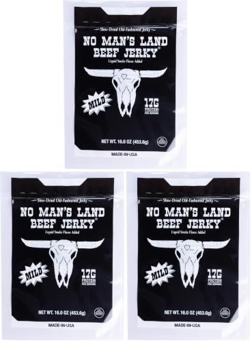 Image of No Mans Land Slow-Dried Beef Jerky | Smoked & Seasoned Jerky Strips | High Protein, Low Carb Beef Snack | Gluten Free - MILD (16oz) (Pack of 3)