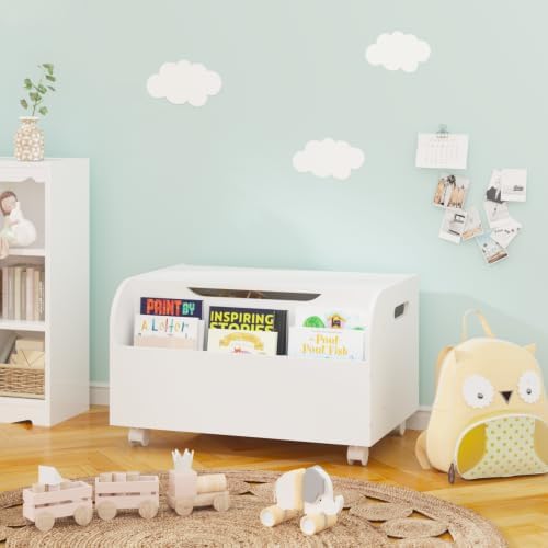 Storage Bookcase Organizer with Front Bookshelf and 4 Solid Wood Footstools, Cute Bookshelf Cabinet Storage Bookcase for Playroom Boys Girls Room, White (White + Solid Wood+MD)