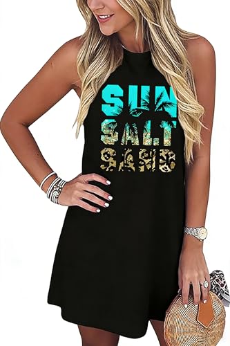 LLHXRUI Sundresses for Women Summer Beach Dress Sleeveless Hawaiian Vacation Tank Dress Tropical Graphic Short Dresses(Small,Black-13)