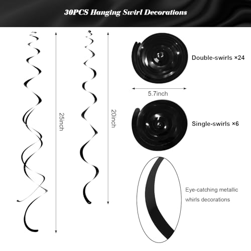Image of Party Swirl Decorations Black Shinny Foil Hanging Swirl Decorations Plastic Streamer for Ceiling Plastic Streamer for Party Decorations Metallic Hanging Swirl Pack of 30