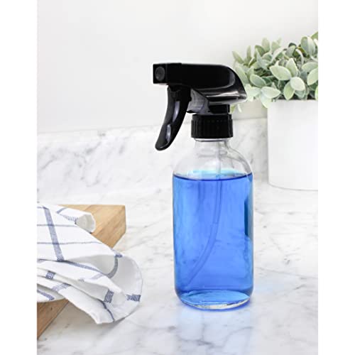 Cornucopia Brands 8-Ounce Clear Glass Spray Bottles (2-Pack); Boston Round Bottles W/ 3-Setting Adjustable Black Heavy Duty Sprayers & Chalk Labels #TOP5
