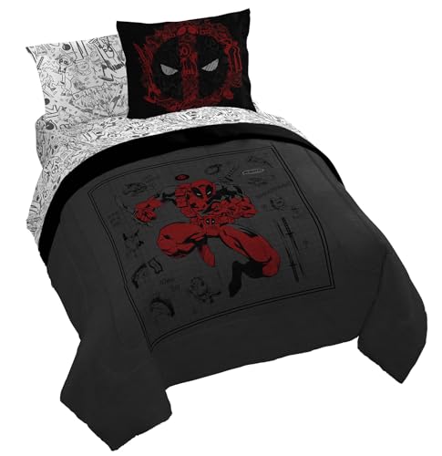 Image of Marvel Deadpool Queen Comforter Set 7 Piece Bedding for Boys, Gray | Bed in a Bag, Comforter Sheets Shams Pillowcases, Official Product, Soft Microfiber, Machine Washable, Boys Gift