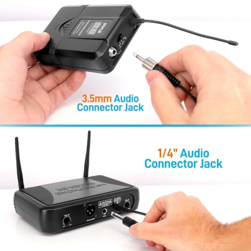 Pyle 2 Channel Wireless Microphone System - Portable UHF Digital Audio Mic Set with 2 Headset, 2 Lavalier lapel, 2 Transmitter, ¼’’ cable, power adapter - For Karaoke, PA, DJ, - PDWM3400,Black - Thumbnail 5