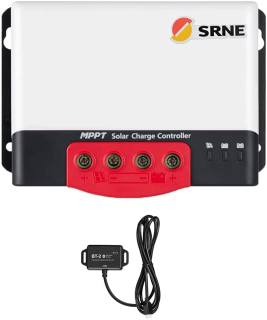 Front view of SRNE MC2420N10 MPPT Solar Charge Controller with BT-2 Bluetooth module