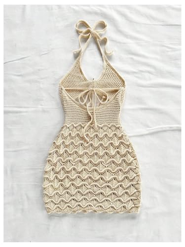 Image of GORGLITTER Women's Vacation Outfit Crochet Halter Knit Bubble Mini Dress Sexy Beach Cruise Summer Miami Resort Outfits Apricot Starfish X-Small