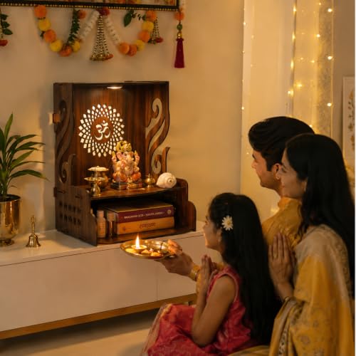 Image of Gift Kya De Wooden Temple for Home Pooja with LED Light | Swan Design Mandir for Wall /Table Top | Home Temple with Om Carving | Pooja Mandir for Living Room, Office Decor (15 x 12 x 9 Inch, Brown)
