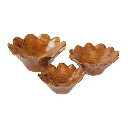 Deco 79 Teak Wood Floral Handmade Decorative Bowl, Set Of 3 10", 12", 14"W, Brown #TOP1