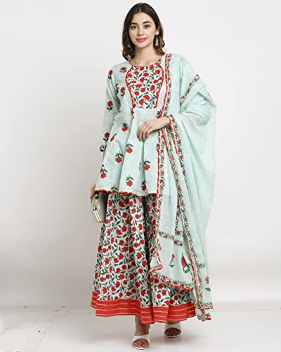 Image of Rajnandini Women's Pure Cambric Cotton Jaipuri Floral Printed A-Line Kurta Set With Dupatta (Ready To Wear; Sea Green; Small)(JOPLJPR803-S)