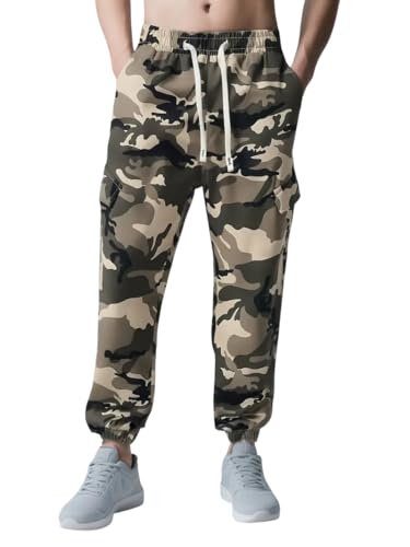 Image of TAGAS Men's Camouflage Cargo Jogger Pants | Cotton Blend Army Print Track Pants | Elastic Waist Slim Fit Casual Trousers with Pockets