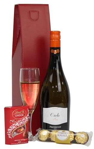 Prosecco & Chocolates Gift Box - Luxury Gift Hamper - Extra Dry White Sparkling Italian Cielo Frizzante Wine & Assorted Chocolate - Mother's Day, Birthday, Congratulations Gift, For Women and Men