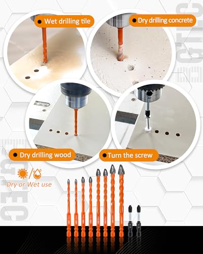 Masonry Drill Bit Set BGTEC - 10PCS 3/16" - 3/8" Carbide Eccentric Drill Bit & Diamond Drill bits with PH2 Screwdriver Bits for Masonry/Brick/Concrete/Tile/Glass/Wood/Plastic/Marble — view 3