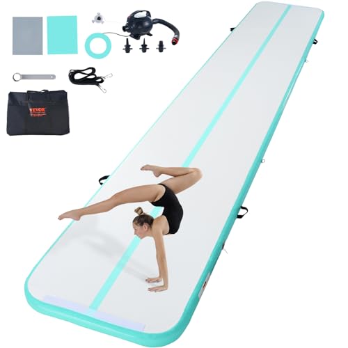 VEVOR Tapis de Gymnastique Gonflable 10 cm Épaisseur, Piste d’Acrobatie avec Pompe Électrique, Tapis d'Entraînement pour Usage Domestique/Salle de Sport/Yoga/Cheerleading/Plage/Parc, 6 m, Vert Menthe