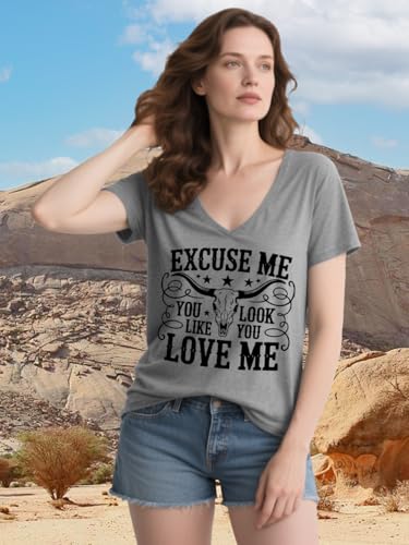 Excuse me You Look Like You Love Me Shirts Vintage Cow Skull T Shirt Country Music Graphic Tees Short Sleeve Tops(Grey,L)