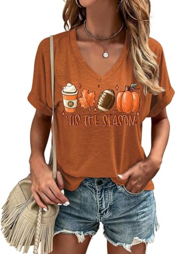 Fall V Neck T Shirt Funny Halloween Thanksgiving Graphic Tee Casual Family Halloween Costume Tops