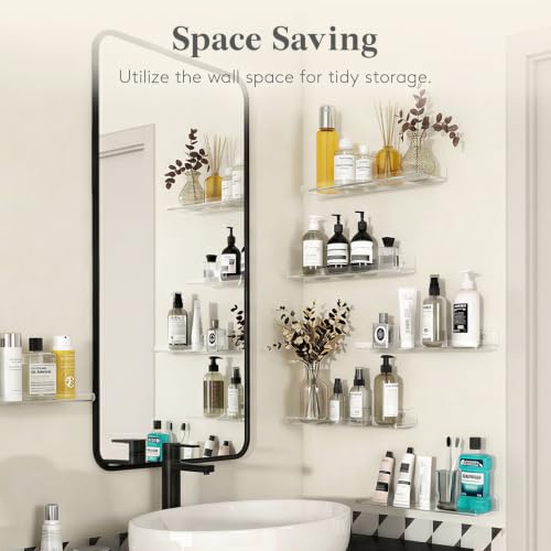 Image of Lifewit Acrylic Floating Shelves for Bathroom 14 inch Clear, 4 Pack | Wall Mounted Display Shelf for Makeup, Skincare, Nail Polish, Book, Perfume Organizer for Bedroom, Living Room, Nursery Decor