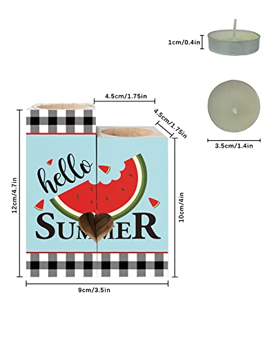 Summer Watermelon Blue Hello Farmhouse Candle Holder Gifts For Women, Double-Sided Printing Candle Decoration, Black Buffalo Plaid Wooden Candle Holders With 2 Tea Light Candle For Birthday #TOP2