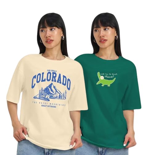 Image of JUNEBERRY 100% Pure Cotton, Pack of 2,Round Neck, Oversized Loose,Drop Shoulder,Graphic Printed, Half Sleeve T-Shirts for Women & Girls, in Different Colors, with Sizes Range from S to 2XL.